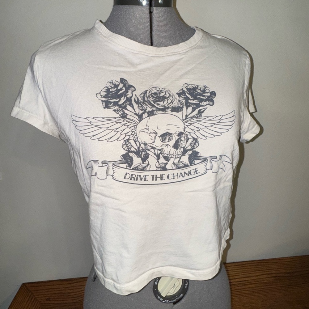 Divided White Tee with Skull and Floral Design